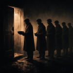 silhouette figures, standing outside a half open door with soup bowls